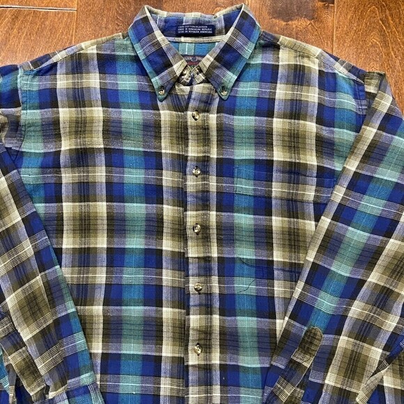 Members Only Vintage 80s Plaid Flannel Blue Grey Button Down Shirt Men's Large - Picture 2 of 7